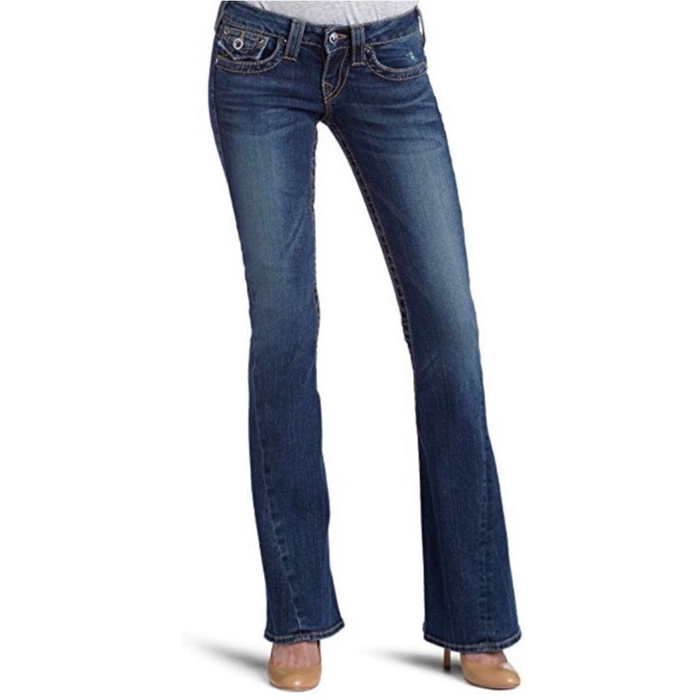 True Religion Women's Dark Joey Big T Flare Twist Leg Flap Pocket Jeans Size 26